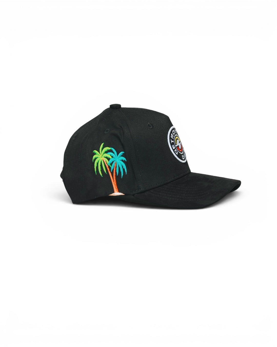 Black cap with palm tree design and logo on a white background