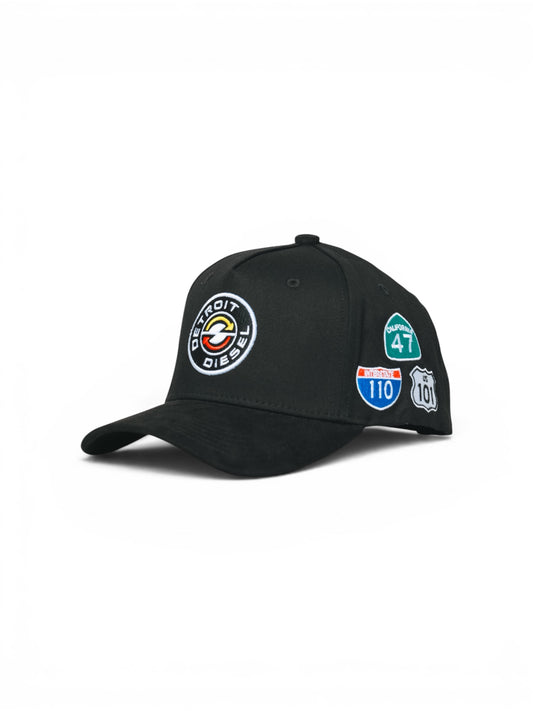 Black cap with embroidered logos on a white background