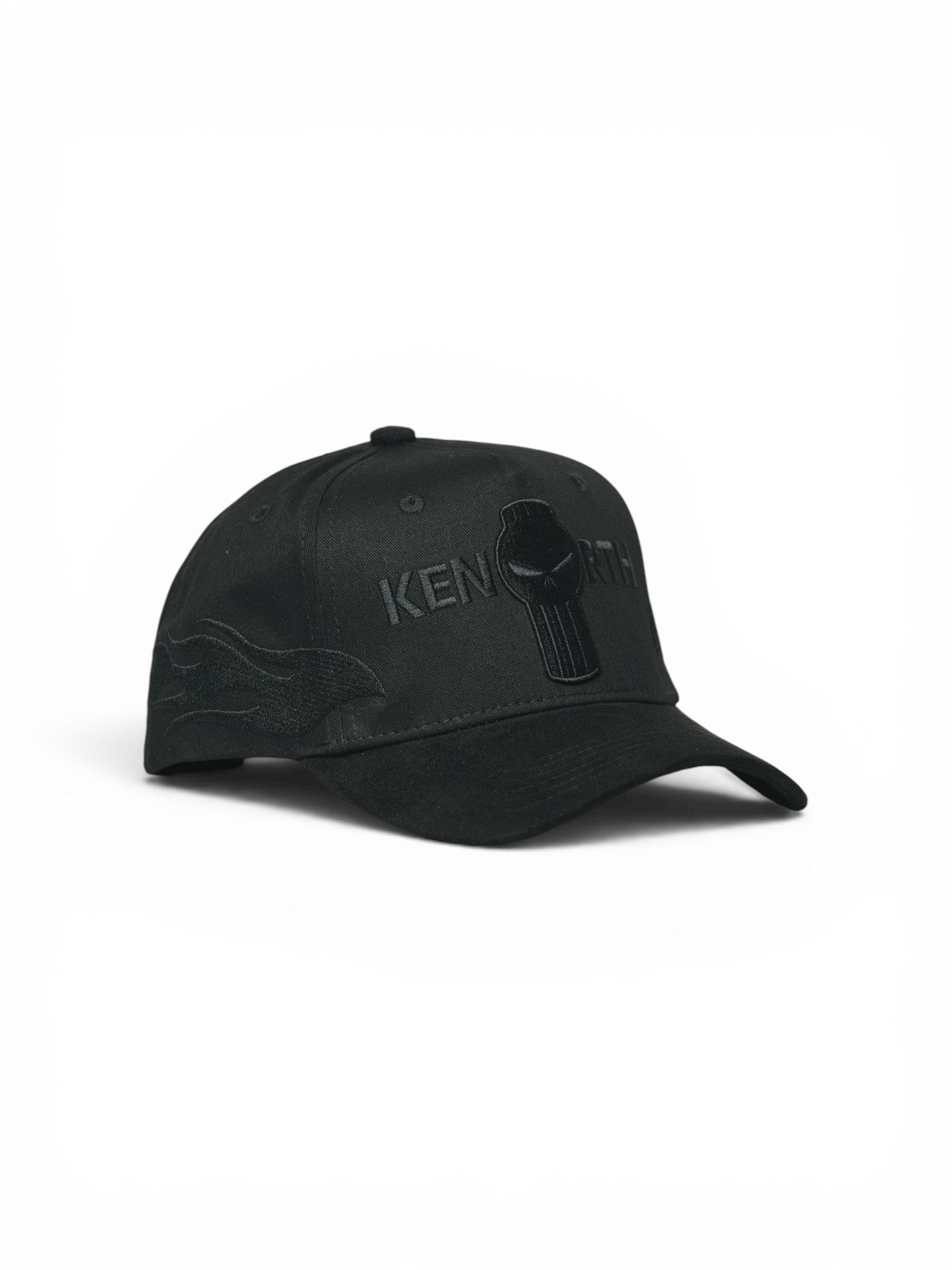 Black cap with a silver buckle on a white background