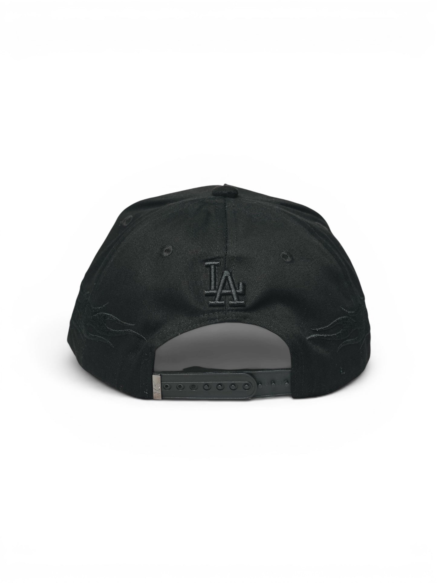Black baseball cap with a logo on the back against a white background