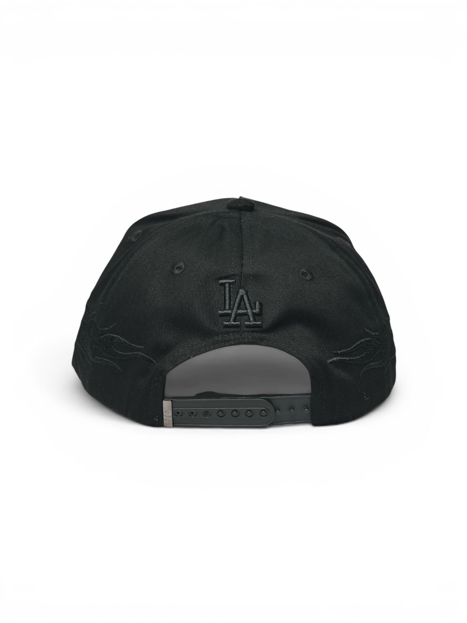 Black baseball cap with a logo on the back against a white background