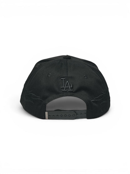 Black baseball cap with a logo on the back against a white background